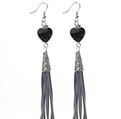 Wholesale Long Style Heart Shape Black Agate Dangle Leather Tassel Earrings with Gray Leather Tassel