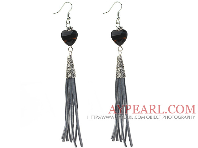 Long Style Heart Shape Black Agate Dangle Leather Tassel Earrings with Gray Leather Tassel