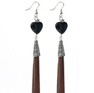 Long Style Heart Shape Black Agate Dangle Leather Tassel Earrings with Black Leather Tassel