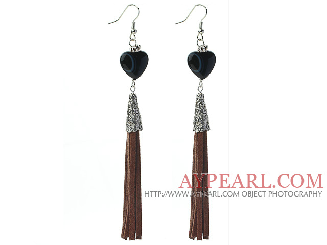 Long Style Heart Shape Black Agate Dangle Leather Tassel Earrings with Black Leather Tassel