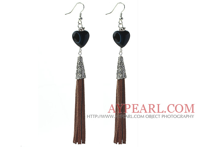 Style long Coeur agate noire balancent cuir Boucles de gland avec gland noir en cuir