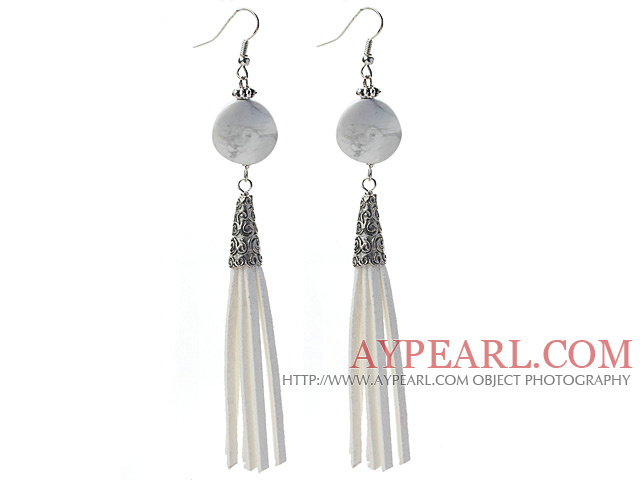 Long Style Round Shape Whirling Howlite Dangle Leather Tassel Earrings with White Leather Tassel