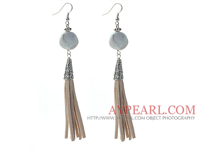 Long Style Round Shape Whirling Howlite Dangle Leather Tassel Earrings with Gray Leather Tassel