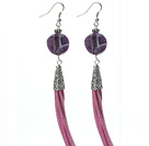 Discount Long Style Round Shape Whirling Amethyst Dangle Leather Tassel Earrings with Purple Leather Tassel