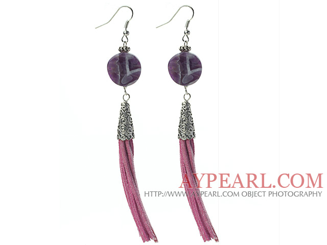 Long Style Round Shape Whirling Amethyst Dangle Leather Tassel Earrings with Purple Leather Tassel