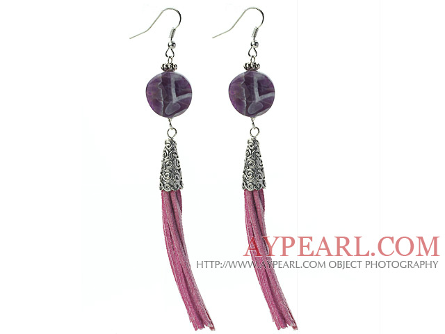 Lange Art runde Form Tanzenden Amethyst baumeln Leder Quaste Ohrringe mit lila Leder Tassel