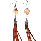 Wholesale Long Style Round Shape Whirling Agate Dangle Leather Tassel Earrings with Reddish Brown Leather Tassel