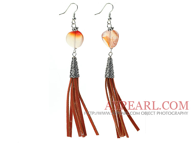Long Style Round Shape Whirling Agate Dangle Leather Tassel Earrings with Reddish Brown Leather Tassel