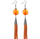 Long Style Round Shape Whirling Orange Agate Dangle Leather Tassel Earrings with Orange Leather Tassel