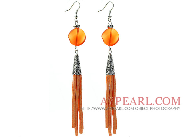 Long Style Round Shape Whirling Orange Agate Dangle Leather Tassel Earrings with Orange Leather Tassel