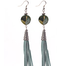 Long Style Round Shape Whirling Indian Agate Dangle Leather Tassel Earrings with Leather Tassel