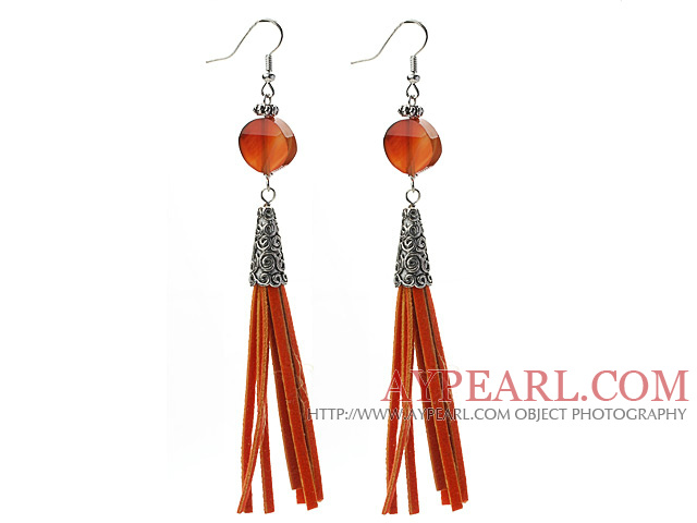 Long Style Flat Round Shape Agate Dangle Leather Tassel Earrings with Reddish Brown Leather Tassel