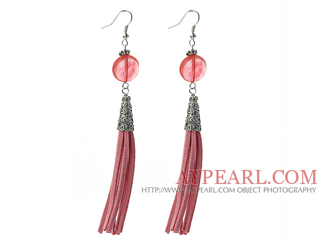 Long Style Flat Round Shape Cherry Quartz Dangle Leather Tassel Earrings with Pink Leather Tassel