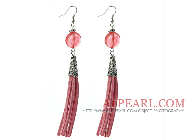 Style long plat de forme ronde de quartz cerise balancent des boucles d'oreille en cuir de gland avec le gland en cuir rose