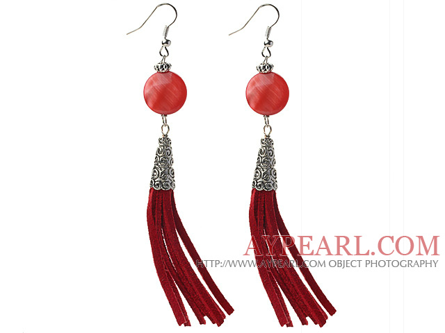 Long Style Flat Round Shape Red Shell Dangle Leather Tassel Earrings with Red Leather Tassel