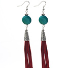 Long Style Flat Round Shape Phoenix Dangle Leather Tassel Earrings with Red Leather Tassel