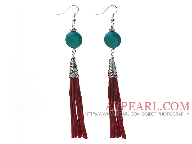 Long Style Flat Round Shape Phoenix Dangle Leather Tassel Earrings with Red Leather Tassel