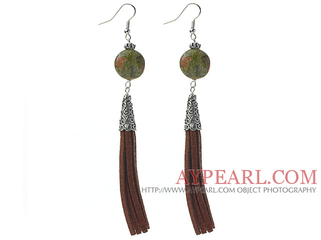 Long Style Flat Round Shape Unakite Dangle Leather Tassel Earrings with Brown Leather Tassel