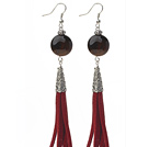 Long Style Flat Round Shape Tiger Eye Dangle Leather Tassel Earrings with Red Leather Tassel