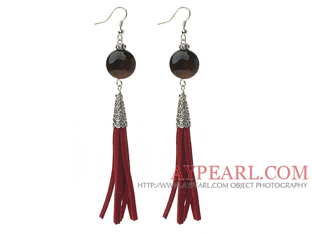 Long Style Flat Round Shape Tiger Eye Dangle Leather Tassel Earrings with Red Leather Tassel