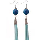 Long Style Flat Round Shape Faceted Blue Agate Dangle Leather Tassel Earrings with Blue Leather Tassel