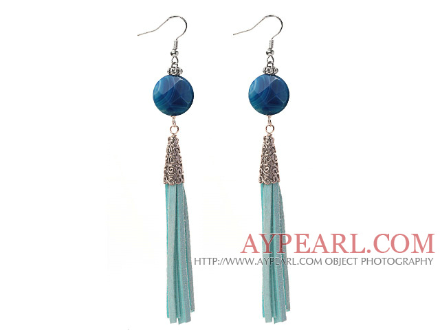 Long Style Flat Round Shape Faceted Blue Agate Dangle Leather Tassel Earrings with Blue Leather Tassel