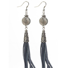 Long Style Flat Round Shape Flashing Stone Dangle Leather Tassel Earrings with Gray Leather Tassel