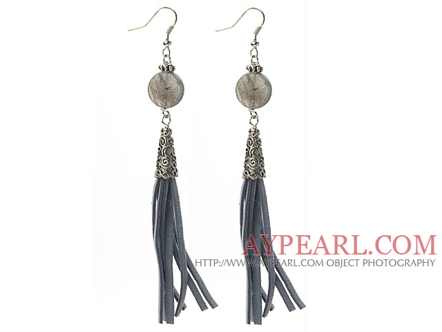 Long Style Flat Round Shape Flashing Stone Dangle Leather Tassel Earrings with Gray Leather Tassel