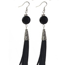 Long Style Flat Round Shape Faceted Black Agate Dangle Leather Tassel Earrings with Black Leather Tassel