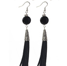 Wholesale Long Style Flat Round Shape Faceted Black Agate Dangle Leather Tassel Earrings with Black Leather Tassel