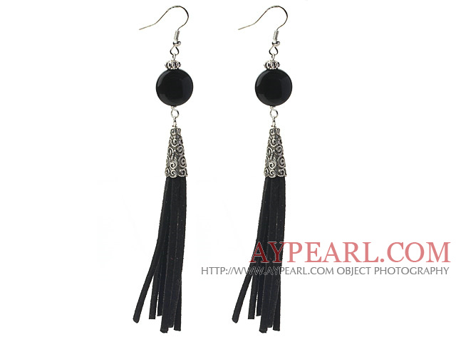 Long Style Flat Round Shape Faceted Black Agate Dangle Leather Tassel Earrings with Black Leather Tassel