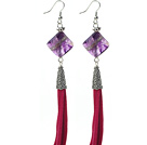 Long Style Rhombus Shape Amethyst Dangle Leather Tassel Earrings with Red Leather Tassel