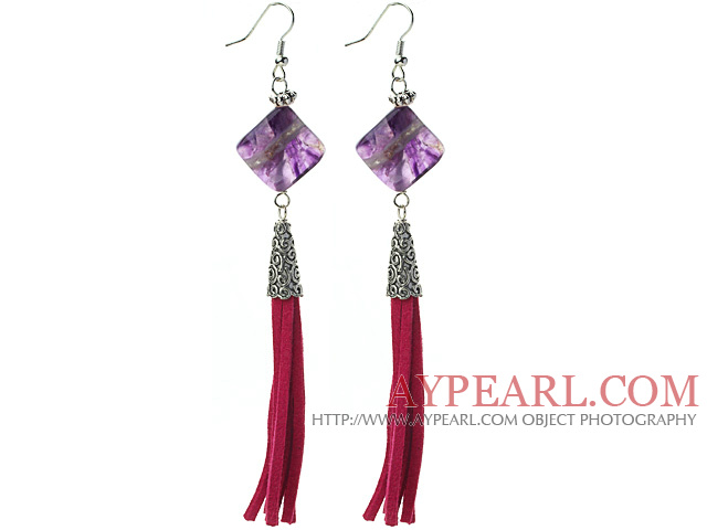 Long Style Rhombus Shape Amethyst Dangle Leather Tassel Earrings with Red Leather Tassel