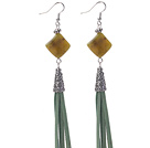 Long Style Rhombus Shape Olive Jade Dangle Leather Tassel Earrings with Green Leather Tassel