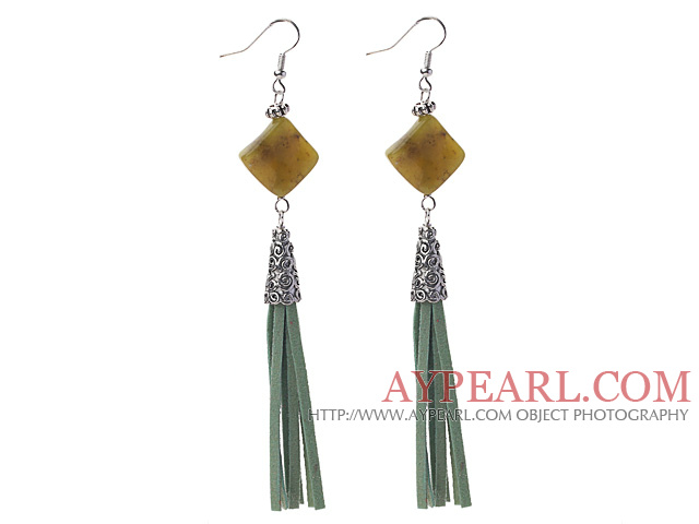 Long Style Rhombus Shape Olive Jade Dangle Leather Tassel Earrings with Green Leather Tassel