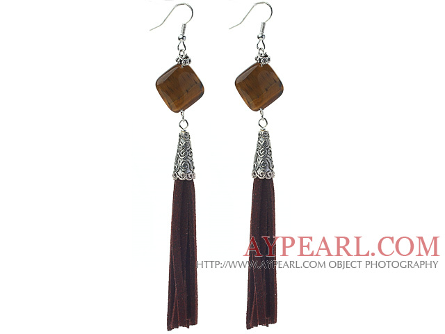 Long Style Rhombus Shape Tiger Eye Dangle Leather Tassel Earrings with Dark Brown Leather Tassel