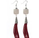 Long Style Square Shape White Shell Dangle Leather Tassel Earrings with Red Leather Tassel