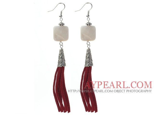 Long Style Square Shape White Shell Dangle Leather Tassel Earrings with Red Leather Tassel