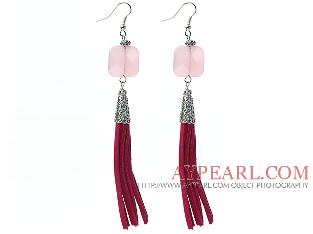 Long Style Square Shape Rose Quartz Dangle Leather Tassel Earrings with Red Leather Tassel