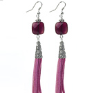 Lång stil Square formar Purple Agate dinglar läder tofs örhängen med Purple Leather Tassel