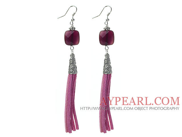 Long Style Square Shape Purple Agate Dangle Leather Tassel Earrings with Purple Leather Tassel