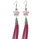 Long Style Star Shape Rose Quartz Dangle Leather Tassel Earrings with Pink Leather Tassel