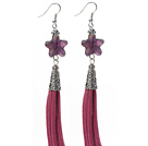 Long Style Star Shape Amethyst Dangle Leather Tassel Earrings with Purple Leather Tassel