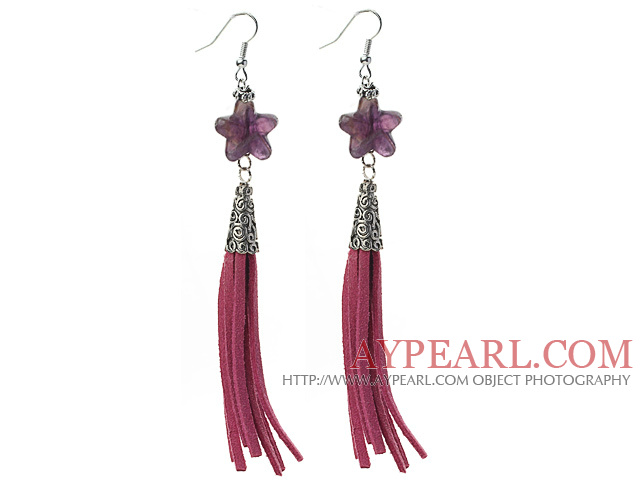 Long Style Star Shape Amethyst Dangle Leather Tassel Earrings with Purple Leather Tassel