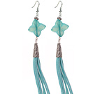 Wholesale Long Style Rhombus Shape Blue Jade Dangle Leather Tassel Earrings with Blue Leather Tassel