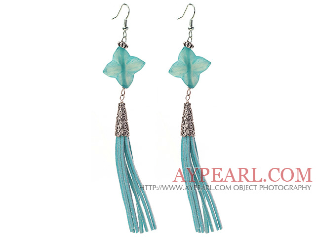 Long Style Rhombus Shape Blue Jade Dangle Leather Tassel Earrings with Blue Leather Tassel