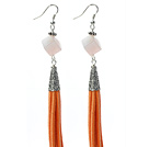Long Style Cube Shape Rose Quartz Dangle Leather Tassel Earrings with Orange Leather Tassel