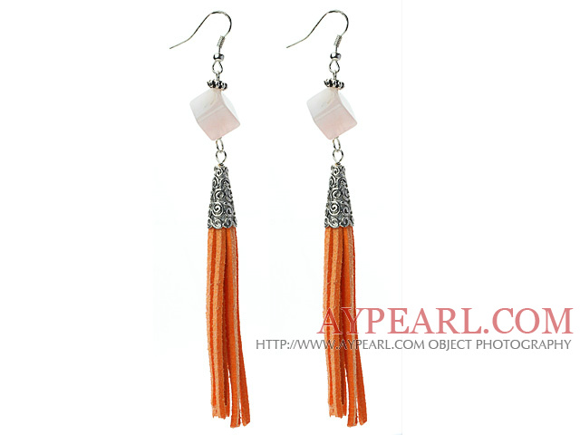 Long Style Cube Shape Rose Quartz Dangle Leather Tassel Earrings with Orange Leather Tassel