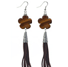 Wholesale Long Style Flower Shape Tiger Eye Dangle Leather Tassel Earrings with Brown Leather Tassel