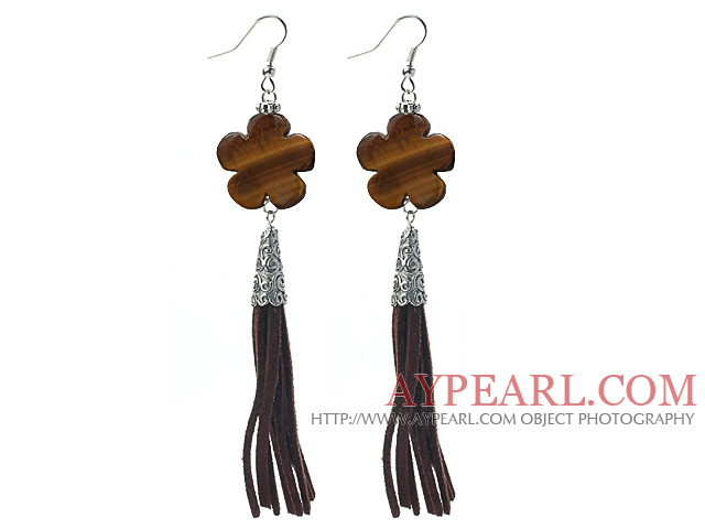 Long Style Flower Shape Tiger Eye Dangle Leather Tassel Earrings with Brown Leather Tassel